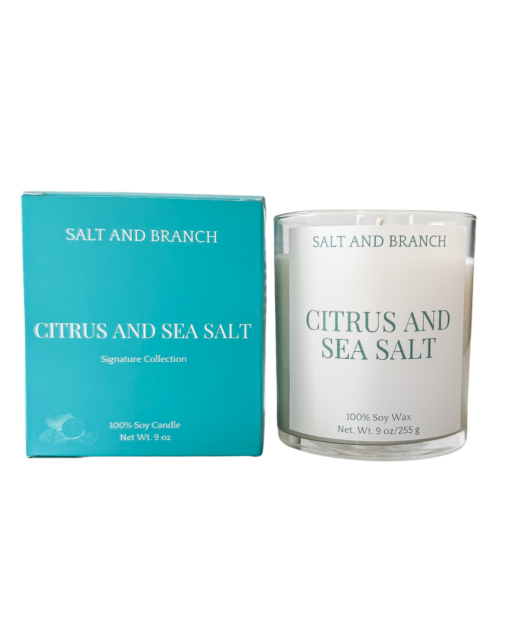 Citrus and Sea Salt Soy Candle with teal box Salt and Branch