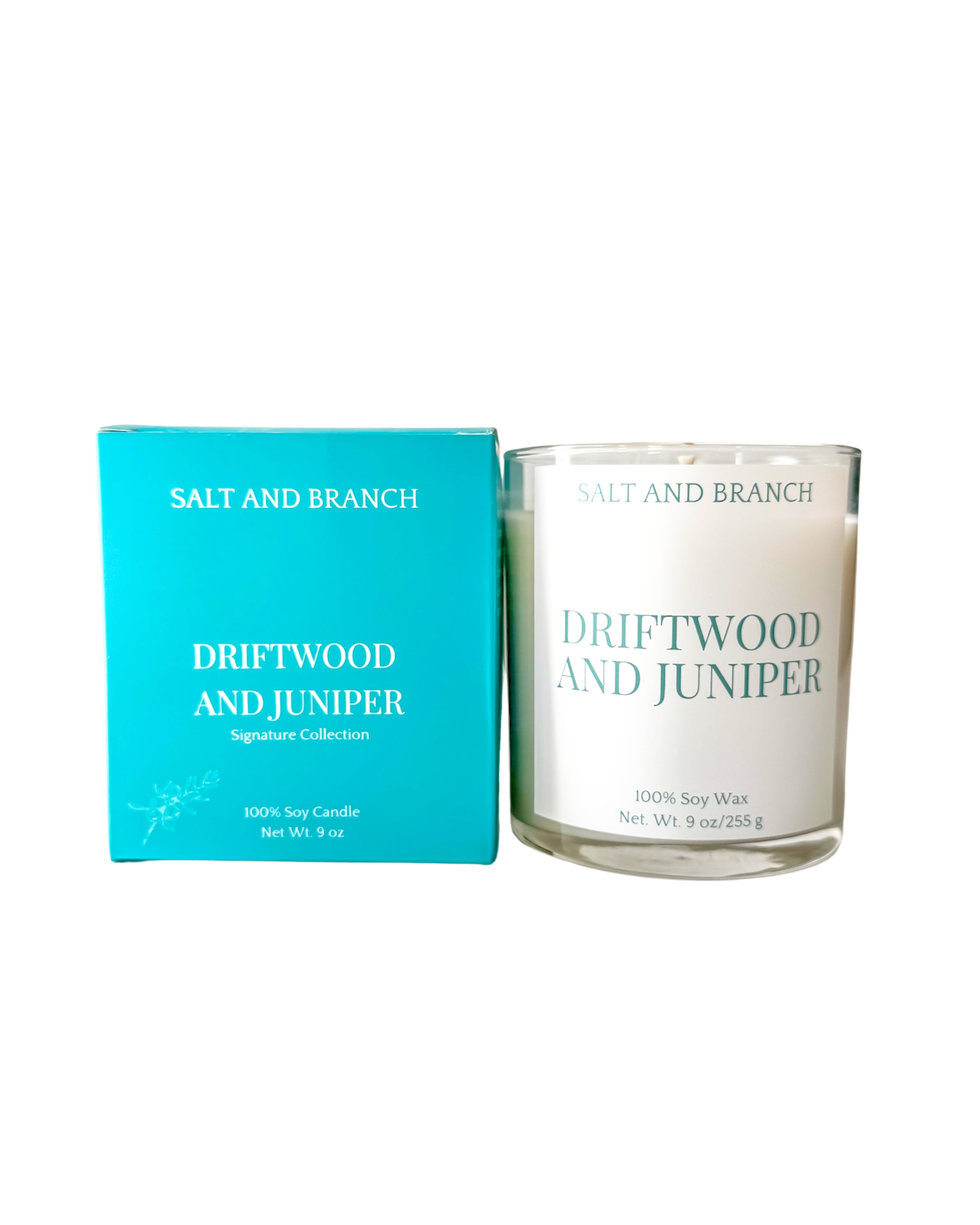 Driftwood and Juniper Soy Candle with teal box white background Salt and Branch