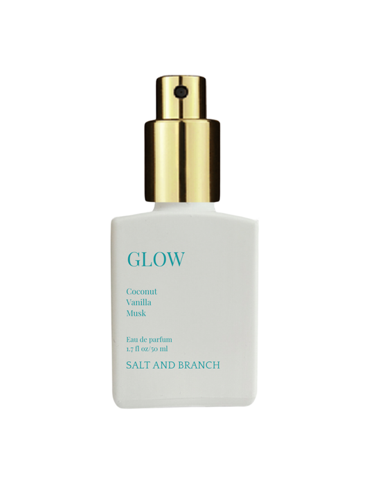 Perfume bottle labeled 'GLOW' by Salt and Branch on a white background