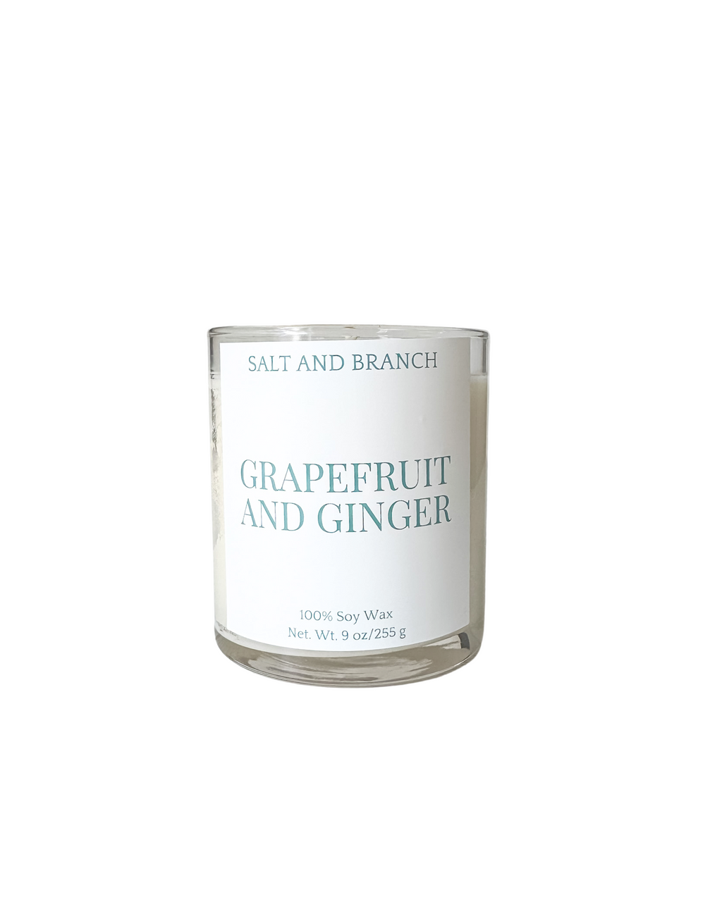 Grapefruit and Ginger Soy Candle white background, teal Salt and Branch