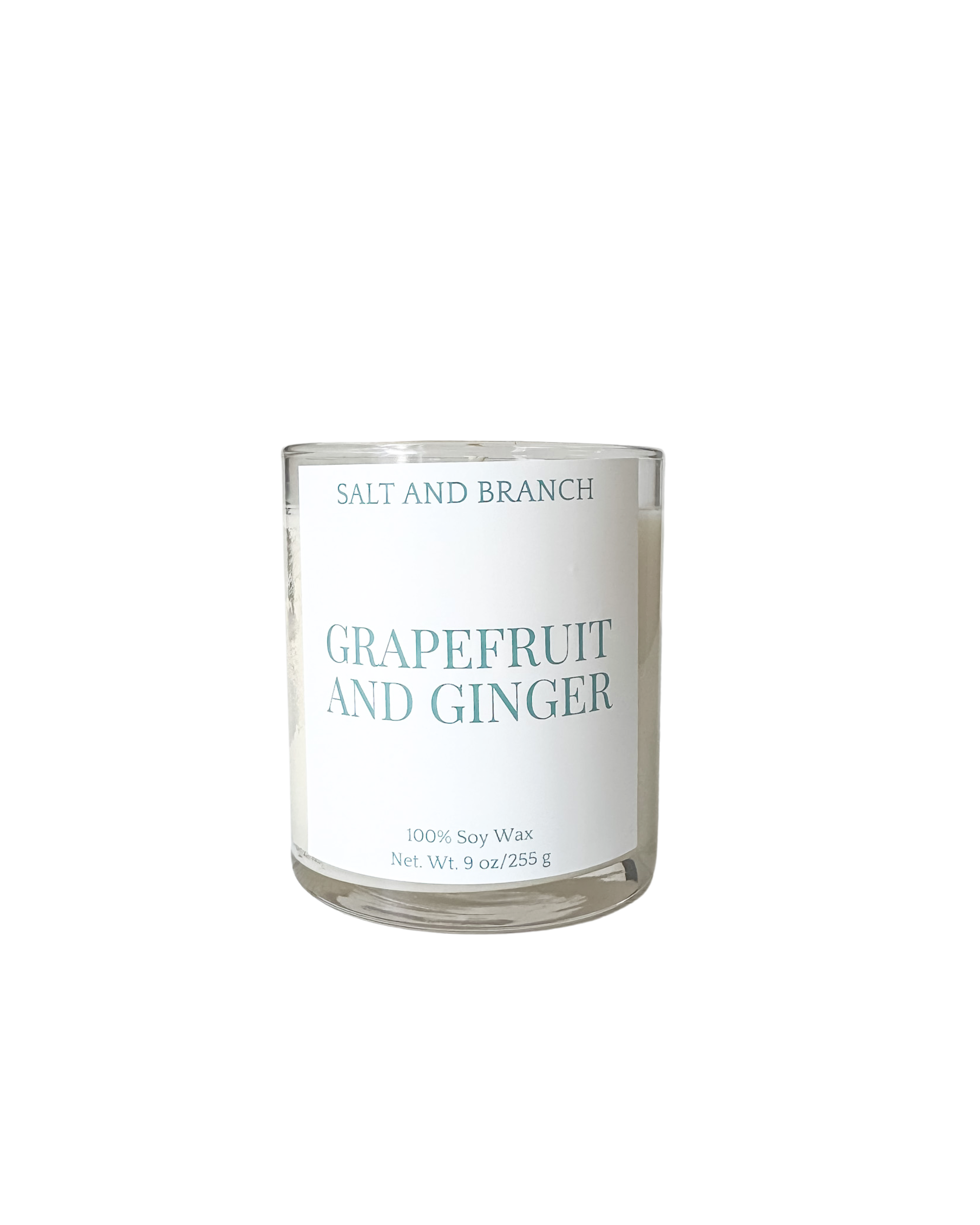 Grapefruit and Ginger Soy Candle white background, teal Salt and Branch