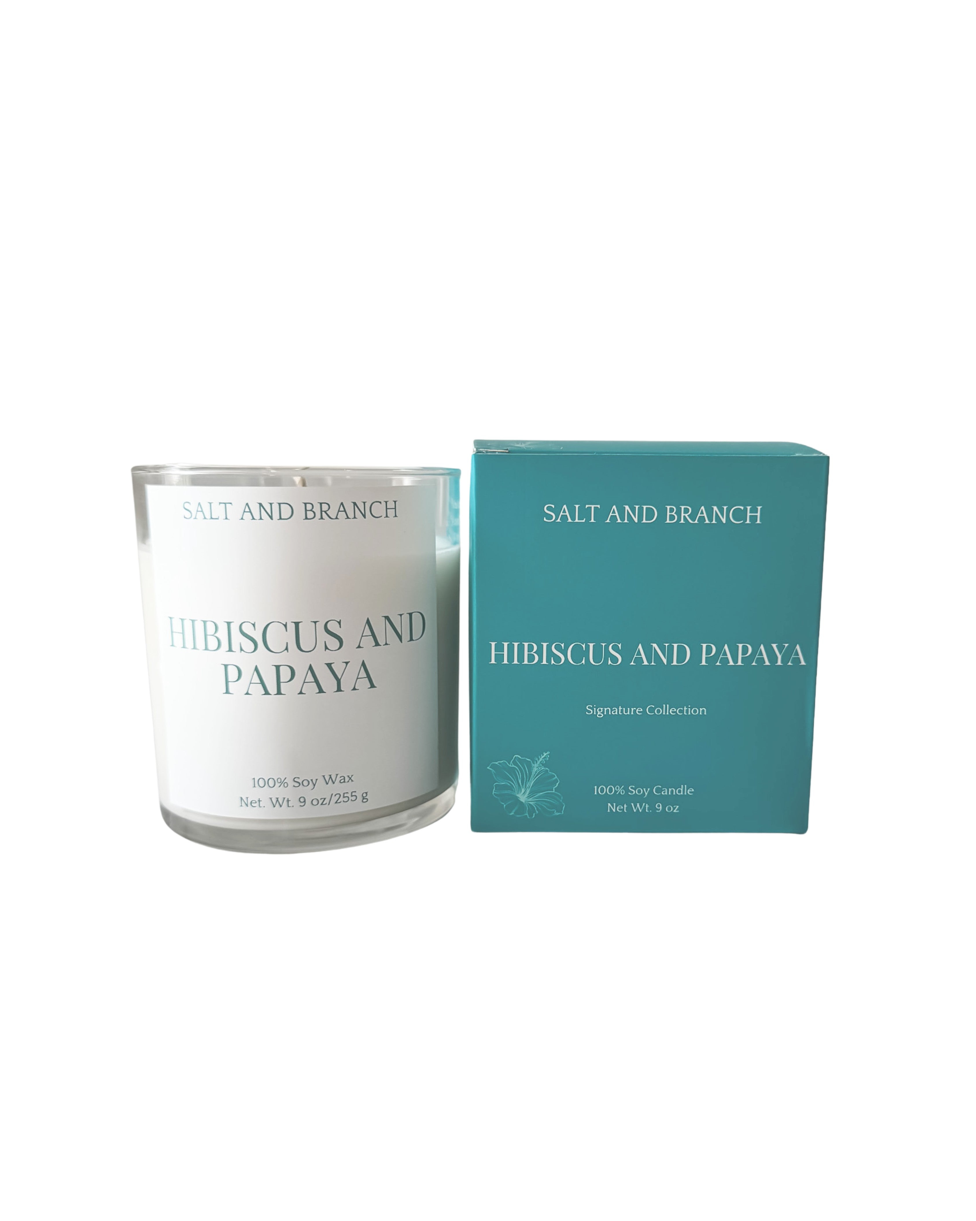 Hibiscus and Papaya Soy Candle teal box Salt and Branch