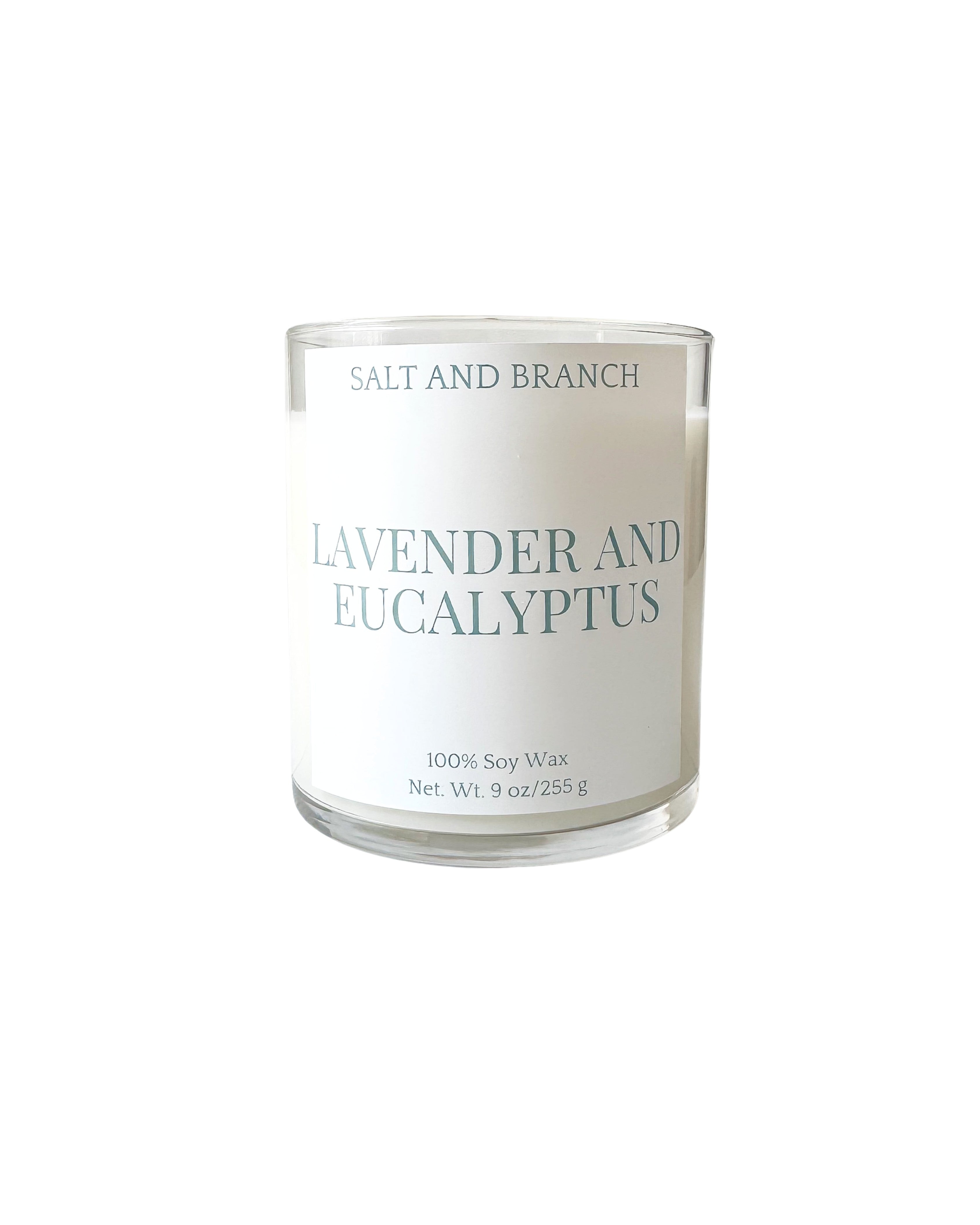 Lavender and Eucalyptus Soy Candle white background teal Salt and Branch