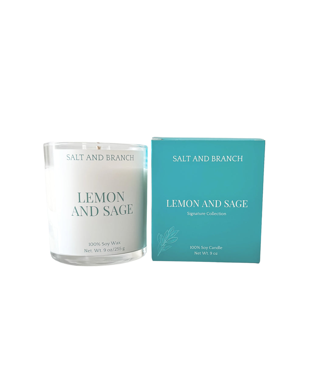 Lemon and Sage Soy Candle teal box Salt and Branch