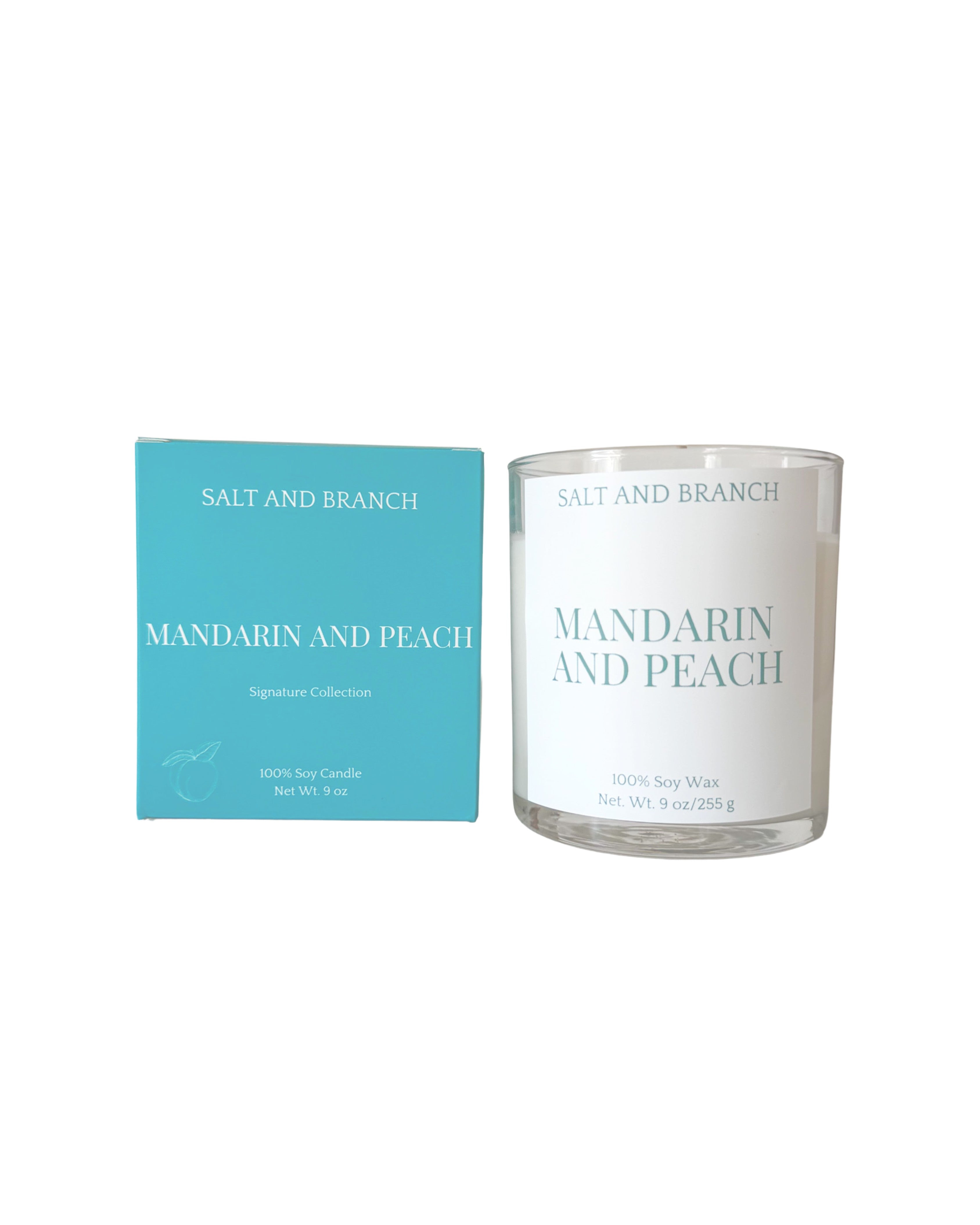 Mandarin and Peach Soy Candle teal box Salt and Branch