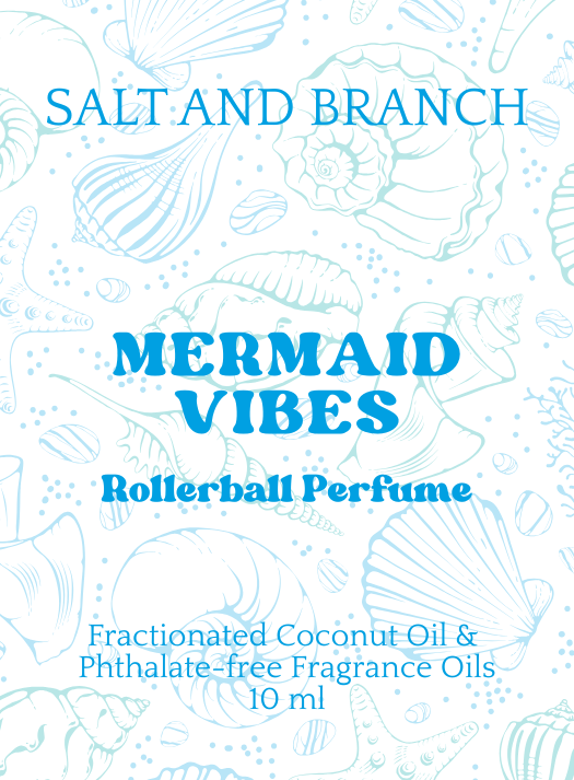 Product label for Salt and Branch Mermaid Vibes Rollerball Perfume, featuring a white background with light blue seashell illustrations and bold blue text.