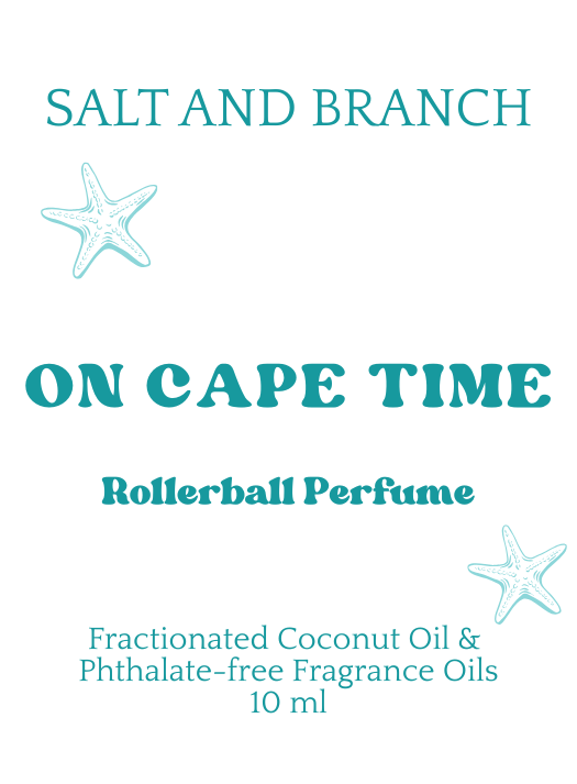 A perfume label or packaging graphic with the scent name 'SALT AND BRANCH' and product name 'ON CAPE TIME' in teal text on a white background, with two pale starfish illustrations and smaller text reading 'Rollerball Perfume' and 'Fractionated Coconut Oil & Phthalate-free Fragrance Oils 10 ml'.