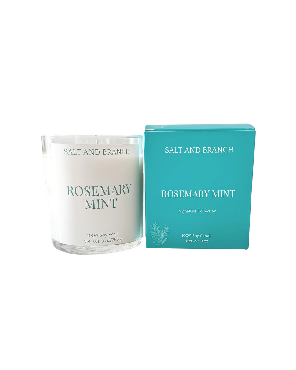 Rosemary Mint Soy Candle teal box- Salt and Branch