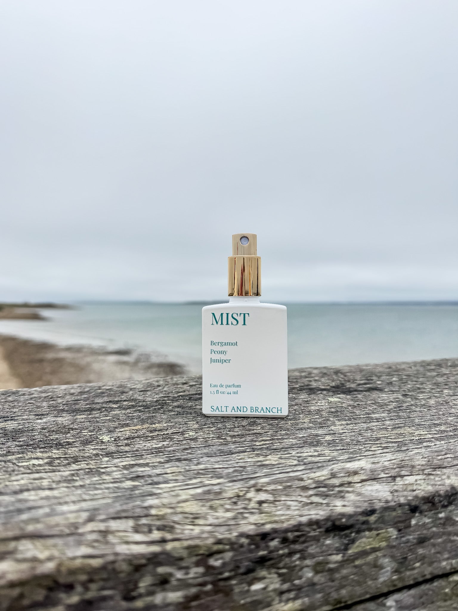 mist perfume bottle on driftwood railing Salt and Branch