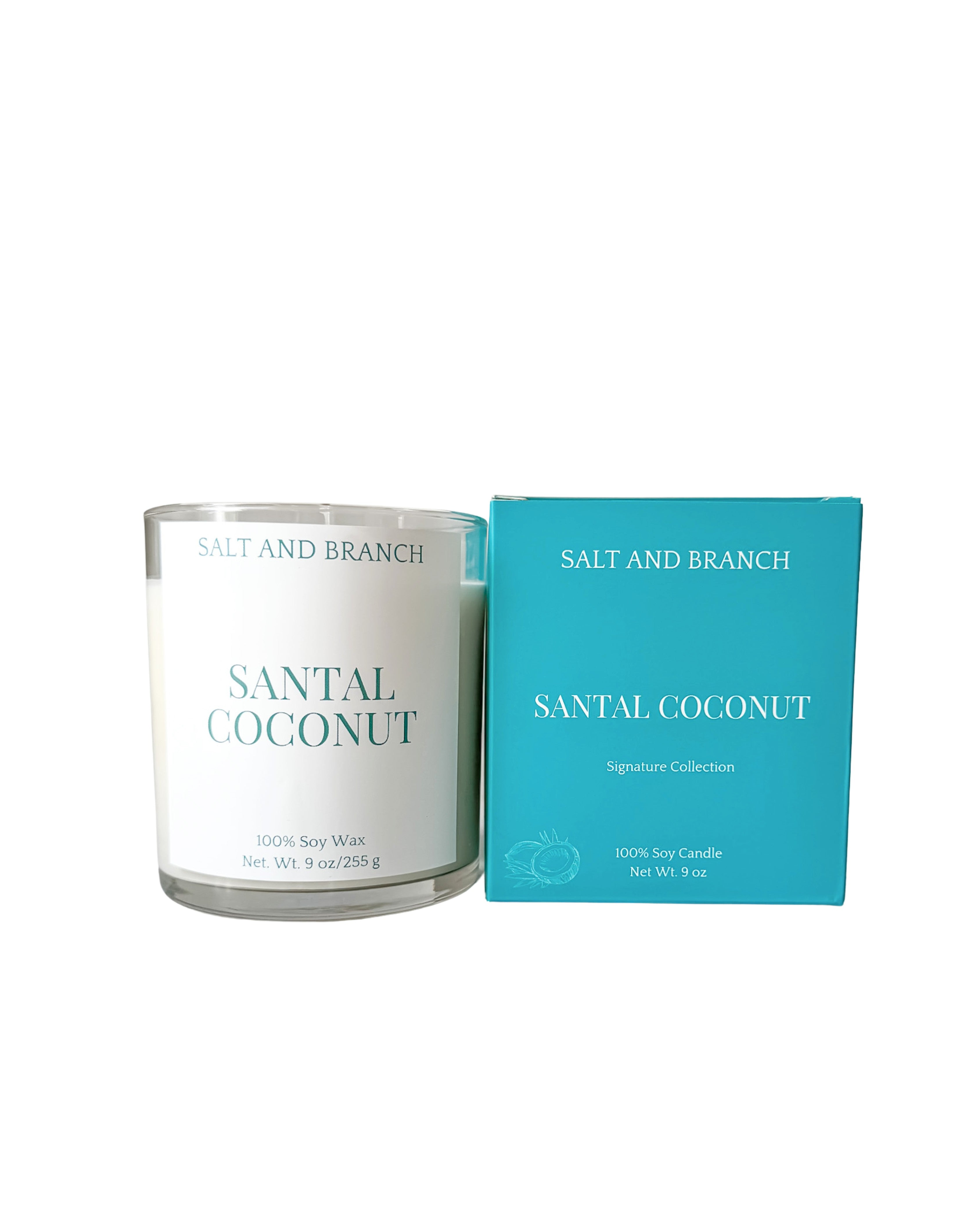 Santal Coconut Soy Candle with teal box Salt and Branch