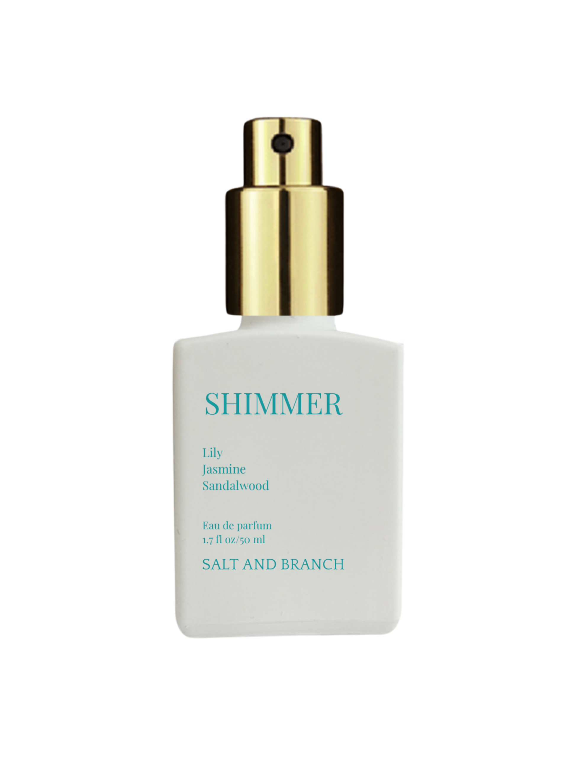 White perfume bottle with gold cap labeled 'Shimmer' by Salt and Branch on a white background