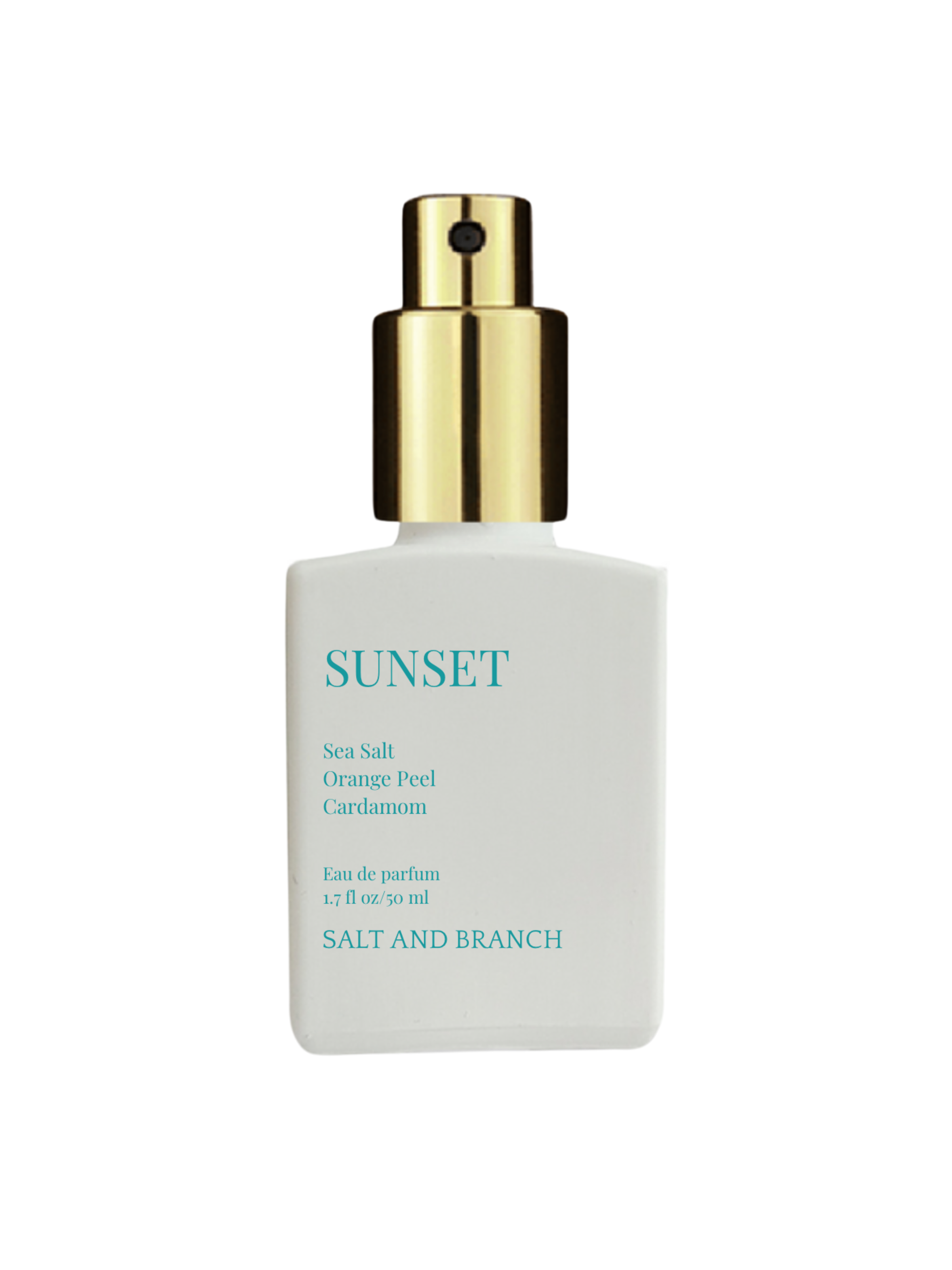 White perfume bottle with gold cap labeled 'Sunset' by Salt and Branch on a white background