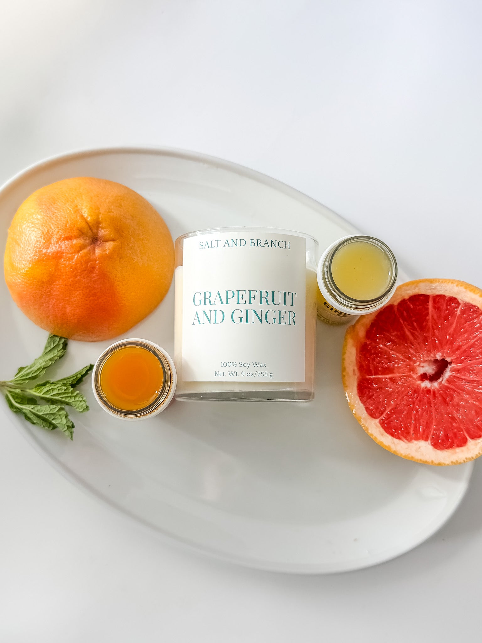 Grapefruit and Ginger Soy Candle on white tray with grapefruit slices Salt and Branch