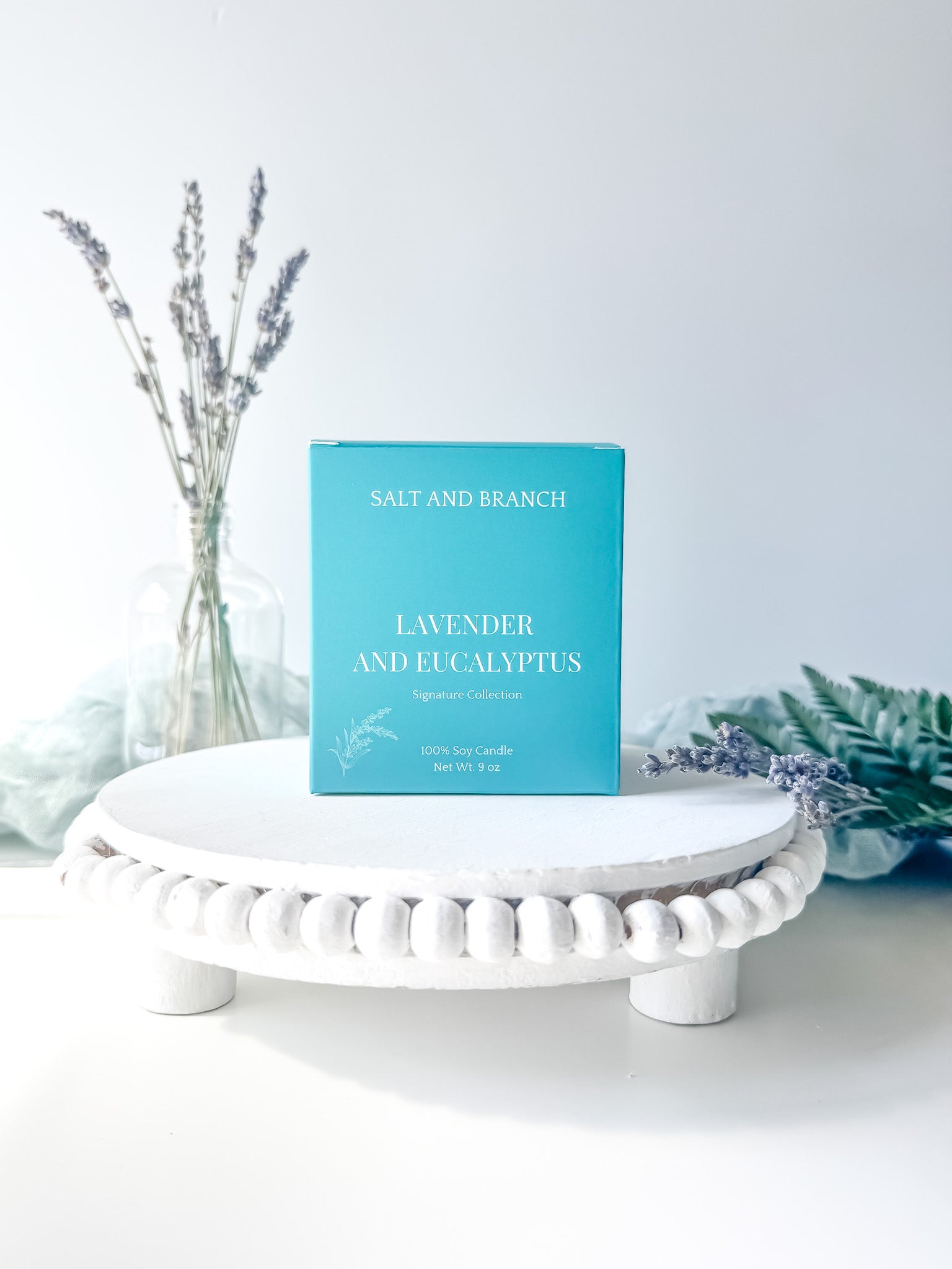 lavender and eucalyptus soy candle teal box Salt and Branch